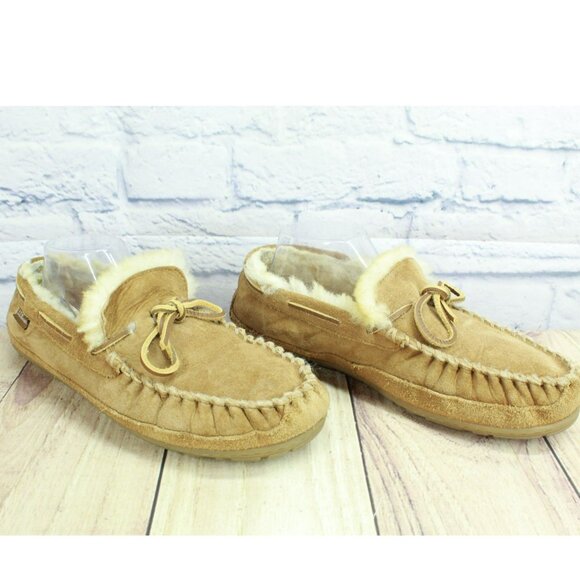 LL Bean Brown Suede Wicked Good Shearling Lined Moccasin Slippers Size 10 M - Picture 3 of 9